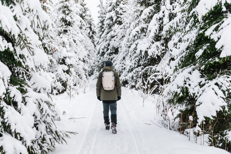 Man with backpack walking on snow covered forest